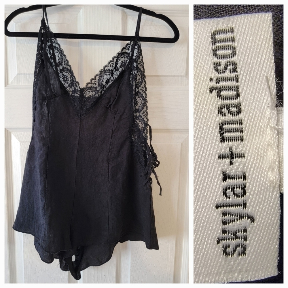 Skylar Madison Linen Romper Sz Medium Side Ties Lace Black 100% Linen